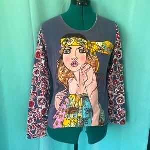 NOUN Blue Multicolor Y2K Abstract Top W/ Floral Sleeves Top Made in Paris Sz XL